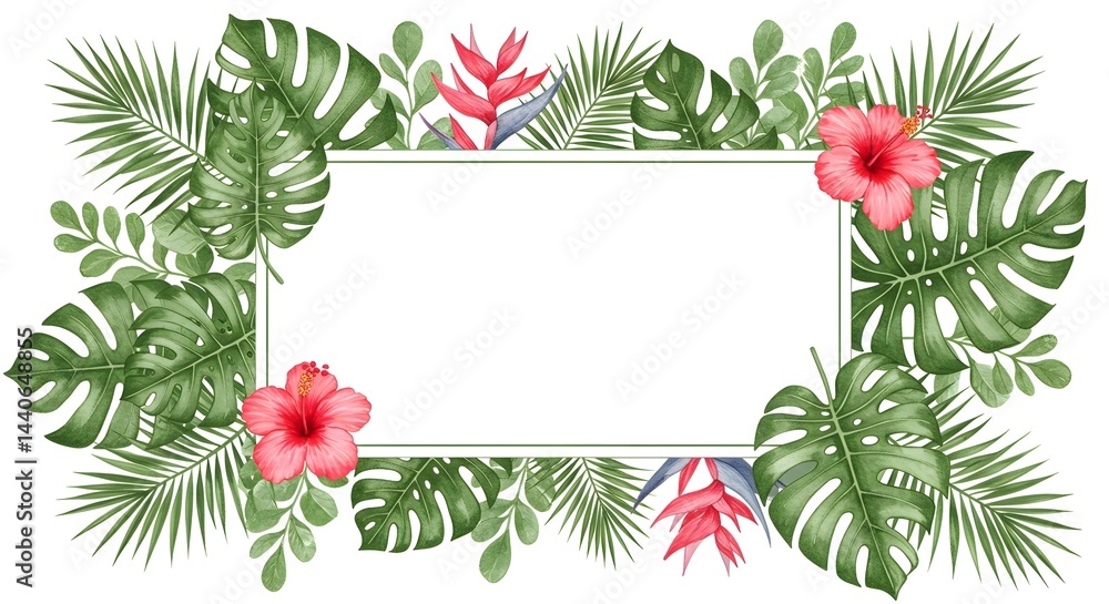 Watercolor tropical leaves and flowers frame a blank space, perfect for your text or design. Lush greens and vibrant pinks create a summery vibe.
