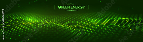 Background Green Hexagon Abstract Tech Futuristic Energy Blue Pattern. Digital Science AI Vector Network Data Cyber Graphic. Banner Internet Concept Geometric Cloud Cable Neon Flow