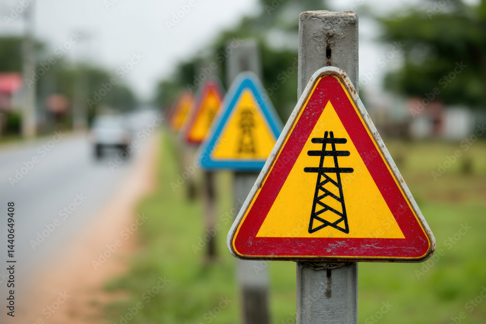 High-voltage warning sign. Road safety. Caution.