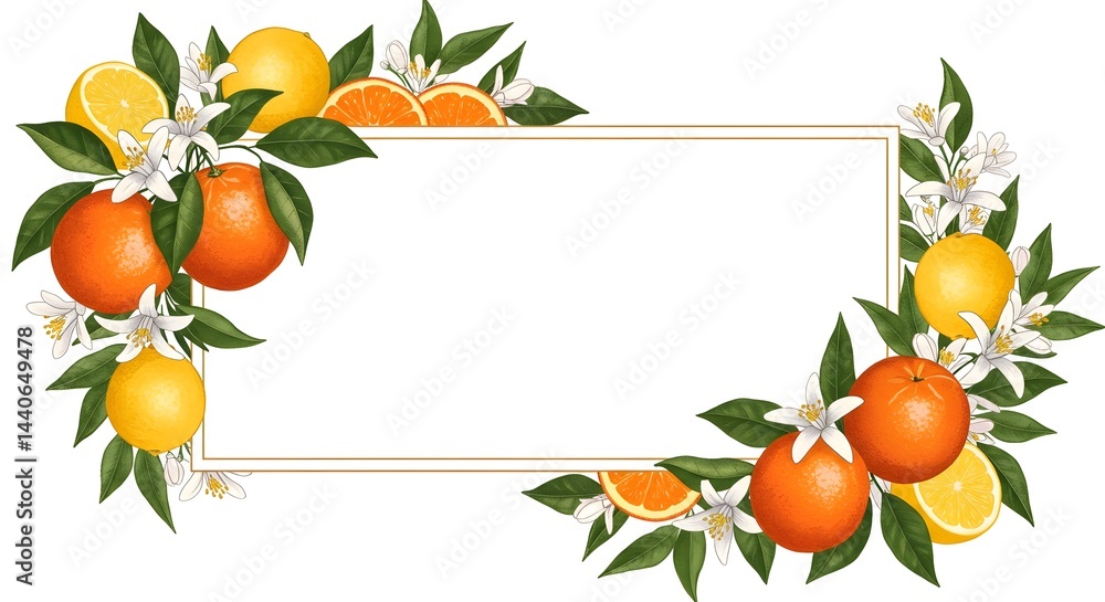 A vibrant illustration featuring oranges, lemons, and blossoms arranged around a rectangular frame. Perfect for adding a fresh, citrusy touch to your designs.