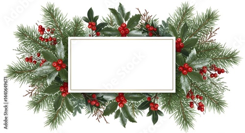 Obraz na płótnie Festive winter arrangement with holly berries and pine branches. Perfect for adding a touch of holiday cheer to your designs! w salonie