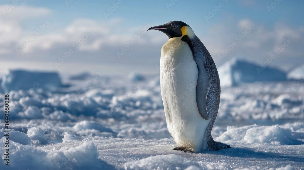 Fototapeta premium Against the stunning icy landscape, a regal Emperor penguin stands tall, showcasing its striking colors and graceful posture while basking in the soft light of day in Antarctica