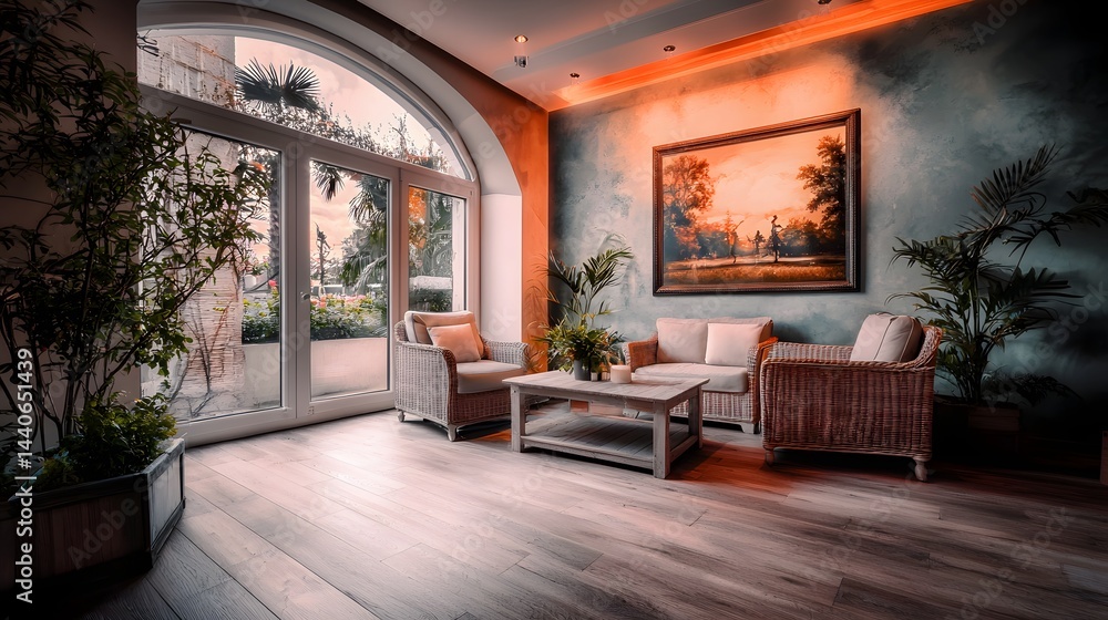 Elegant Living Room with Cozy Furniture and Natural Light from Large Windows in Modern Interior Elegant Living Room with Cozy Furniture and Natural Light from Large Windows in Modern Interior