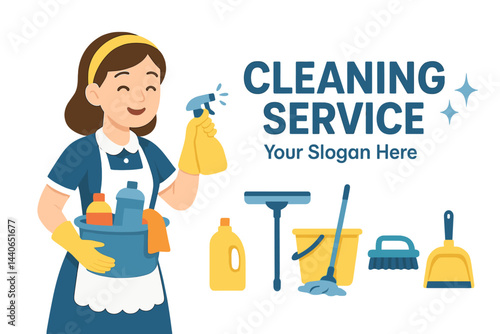 Cheerful woman offering housekeeping services with cleaning tools in bright, friendly graphic design