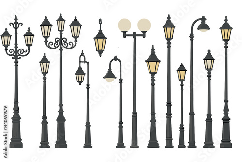 Vintage street lamps in various styles showcasing intricate designs and warm illumination perfect for urban settings