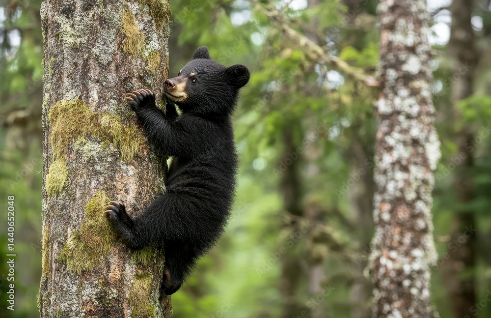 Obraz premium Cute black bear cub climbing a tree in lush green forest during daytime, showcasing its playful nature in a serene natural environment.