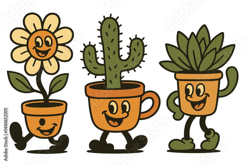 Cheerful cartoon plants with smiling faces stroll in pots, bringing joy and color to an animated garden setting