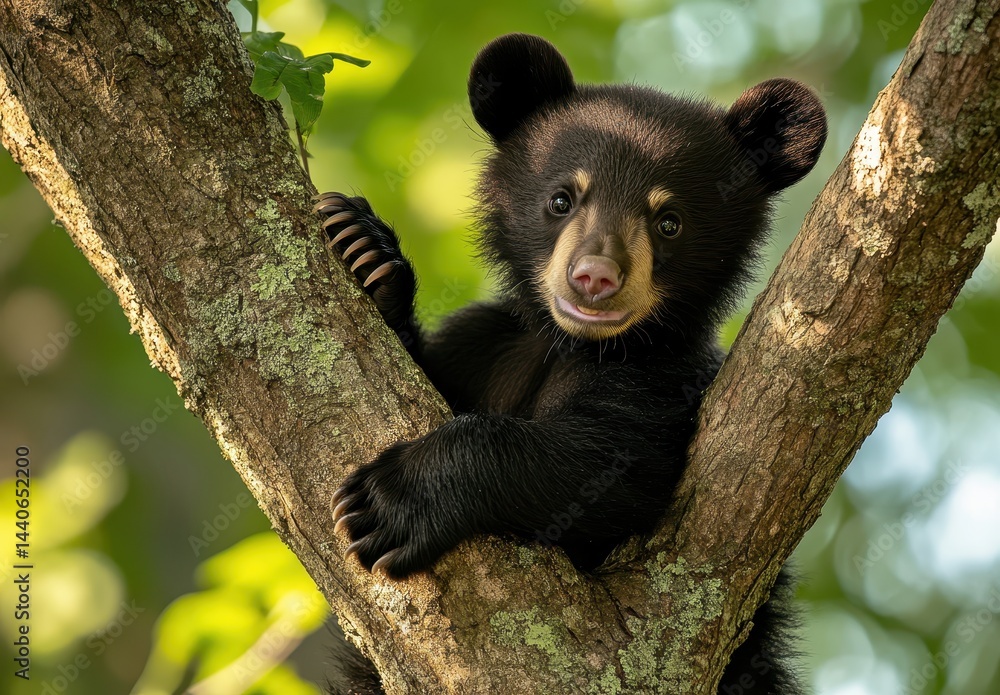 Obraz premium Cute Black Bear Cub Climbing a Tree Surrounded by Lush Green Foliage in the Forest During Summer Season, Capturing Playful and Adventurous Spirit of Wildlife