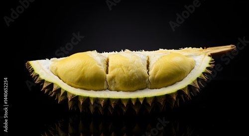 Studio shot of multiple durians artistically arranged with rim lighting, creating sharp highlights and deep shadows against a matte black backdrop, glamorous premium branding style, ultra-realistic de