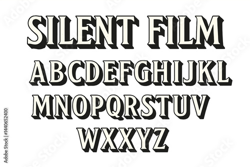 Silent film era typography showcasing alphabets in vintage style with striking black and white contrast