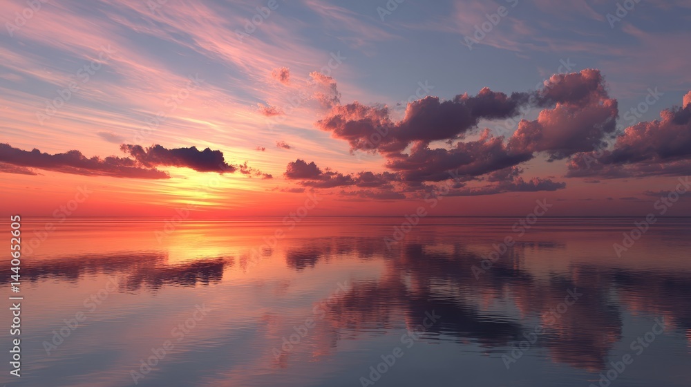 Fototapeta premium Vibrant sunset over tranquil ocean with reflections of colorful clouds