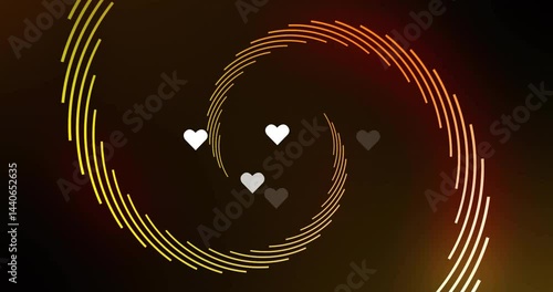 Rotating segmented arcs with floating heart icons glowing on dark gradient backdrop in flat design
