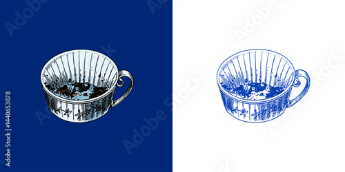 A cup of tea for leafs prediction. Halloween witchcraft and sorcery things magician and voodoo hand drawn engraved 