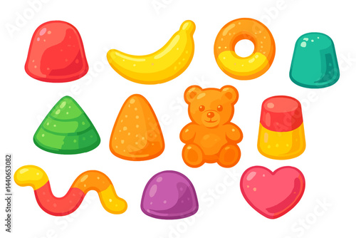 Colorful gummy candies arranged in playful shapes, showcasing a variety of textures and vibrant colors on a white background