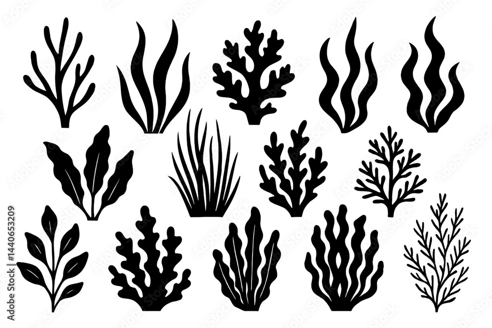 Obraz premium Various types of stylized aquatic plants in black silhouette design showcasing diverse shapes and textures