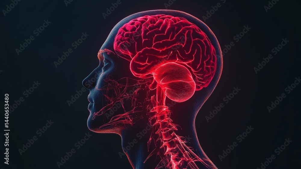 Human brain and nervous system anatomy: side view in glowing red Human brain and nervous system anatomy: side view in glowing red