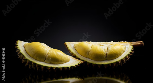 Studio shot of multiple durians artistically arranged with rim lighting, creating sharp highlights and deep shadows against a matte black backdrop, glamorous premium branding style, ultra-realistic de