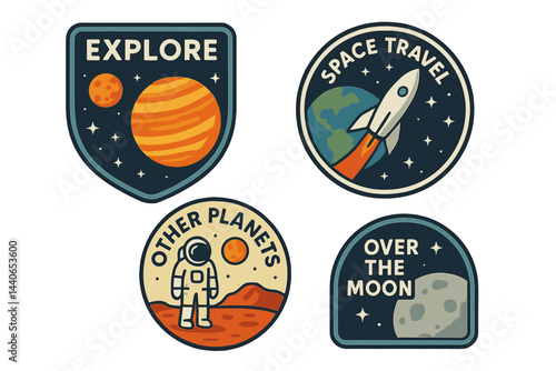 Creative badges representing space exploration themes with planets, rockets, and astronauts