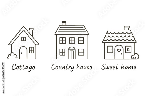 Different styles of houses showcasing cottage, country house, and sweet home designs in a simple graphic representation