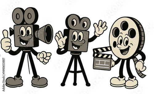 Cute cartoon cameras and film reels engaging in playful activities in a whimsical design