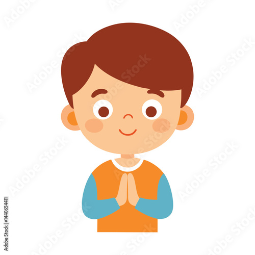 Smiling boy with hands in prayer position cartoon vector illustration