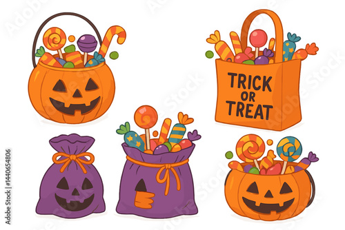 Colorful Halloween candy collection featuring pumpkin and trick or treat bags filled with sweets