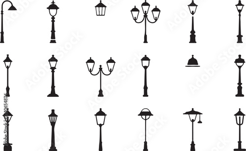 Street Lamp Silhouette Icons Collection in Black Vector Style for Urban, Lighting, and Public Design