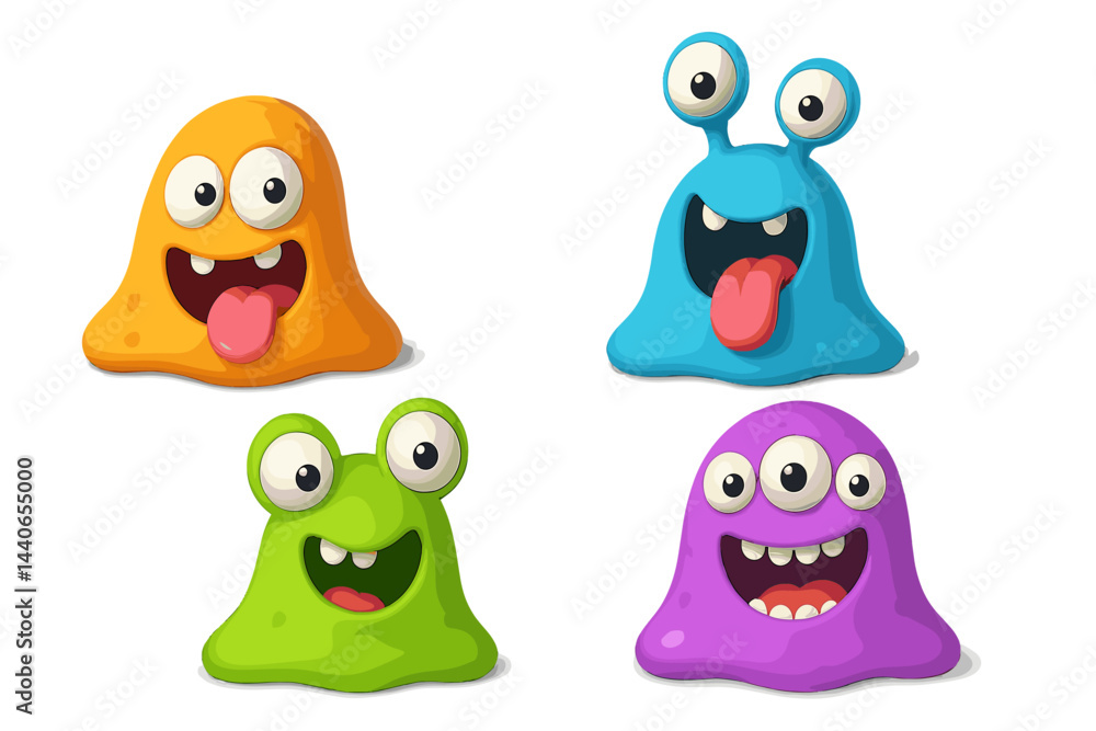 Colorful cartoon monsters with happy expressions playfully interacting in a fun design Colorful cartoon monsters with happy expressions playfully interacting in a fun design