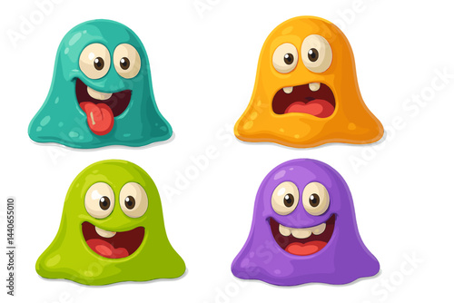 Colorful cartoon monsters with different expressions displaying joy and surprise in a playful design