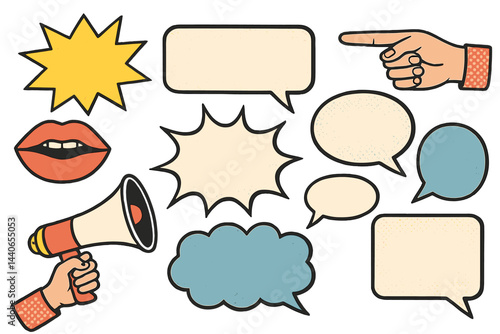 Dynamic speech bubbles and icons illustrating conversation and expression in a creative design