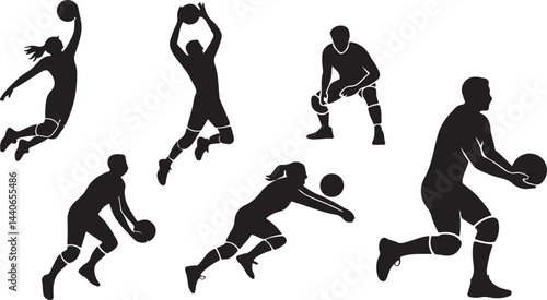 Minimalist Volleyball Player Silhouette Icons Collection in Black Vector Style for Sports, Fitness, and Action Designs