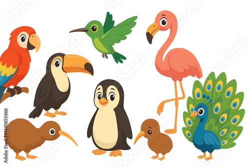 Colorful cartoon birds gathered in various poses depicting their unique traits in a lively tropical setting
