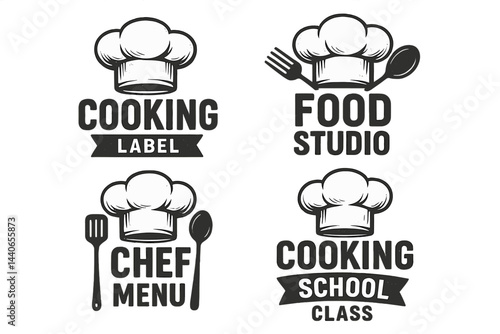 Cooking labels and studio concepts with chef hats and utensils designed for culinary education and food branding