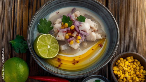 Ceviche dish, fresh ingredients, vibrant presentation, citrus flavor explosion