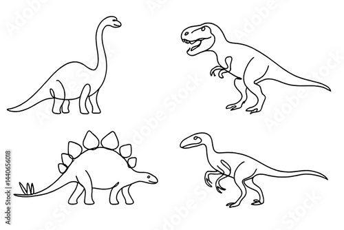 Dinosaurs in playful poses enjoying a sunny day in a cartoon landscape