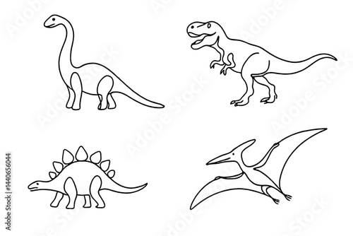 Dinosaurs drawn in a simplistic style show various species in a playful and educational format