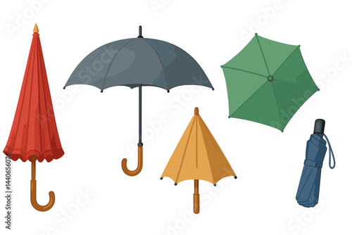 Colorful umbrellas in various shapes and sizes displayed against a white background