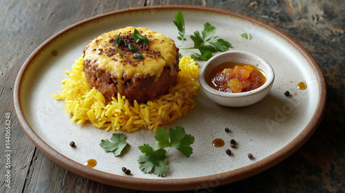 Savory rice plate, flavorful meat, vibrant herbs, tangy sauce on the side