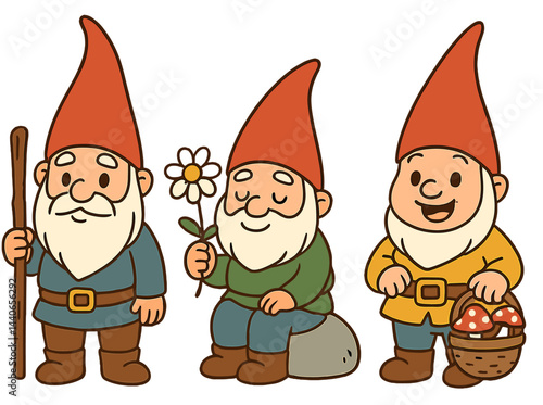 Three cheerful garden gnomes engaging in various activities in a whimsical setting