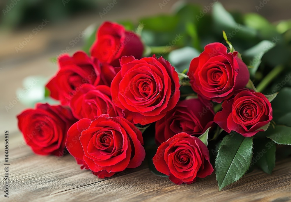 Fresh Red Roses Arrangement on Wooden Table for Romantic Occasions, Weddings, Anniversaries, and Celebrations with Green Leaves and Natural Lighting Fresh Red Roses Arrangement on Wooden Table for Romantic Occasions, Weddings, Anniversaries, and Celebrations with Green Leaves and Natural Lighting