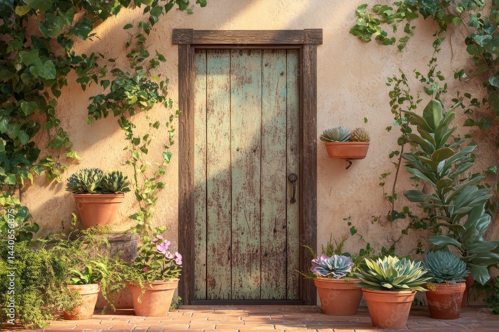 Fototapeta premium Exterior facade of a building with a weathered door and potted plants.
