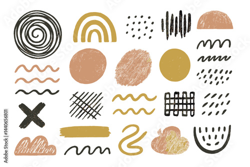 Colorful abstract shapes and patterns created with organic textures in a minimalistic design for modern art projects
