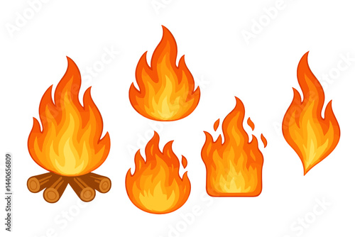 Flames and campfire illustrations depicting various fire shapes in warm colors on a white background