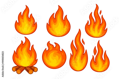 Various flame illustrations in different shapes and sizes with a campfire element