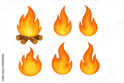 Campfire flames illustrated in various styles showcasing vibrant colors and shapes for design and decoration purposes