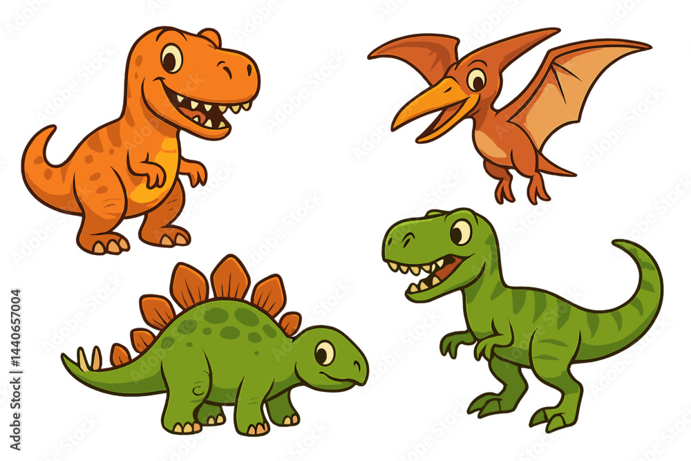 Obraz premium Colorful cartoon dinosaurs engaging in playful activities in a vibrant design