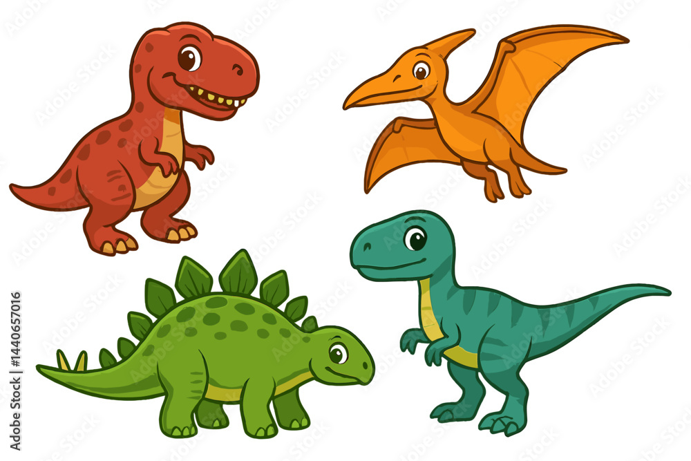 Fototapeta premium Cute cartoon dinosaurs playfully engaging in a prehistoric adventure in a vibrant, colorful landscape