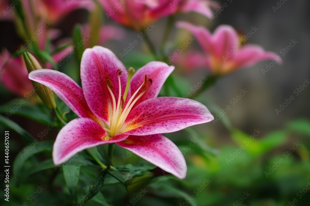 Vibrant pink lily blooming in lush greenery Vibrant pink lily blooming in lush greenery