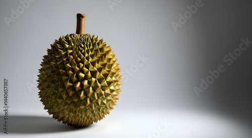 High-resolution studio photo of a whole durian fruit standing upright on a clean white background, dramatic softbox lighting highlighting the spiky texture, minimalistic and sharp professional look.