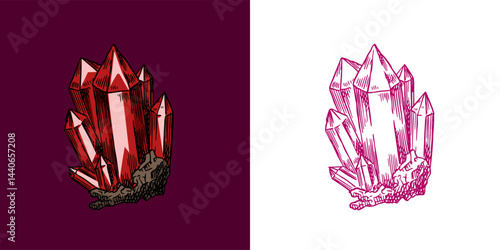 A sorcerer stone crystals of amethyst, gem. Halloween witchcraft and sorcery things magician and voodoo hand drawn engraved 